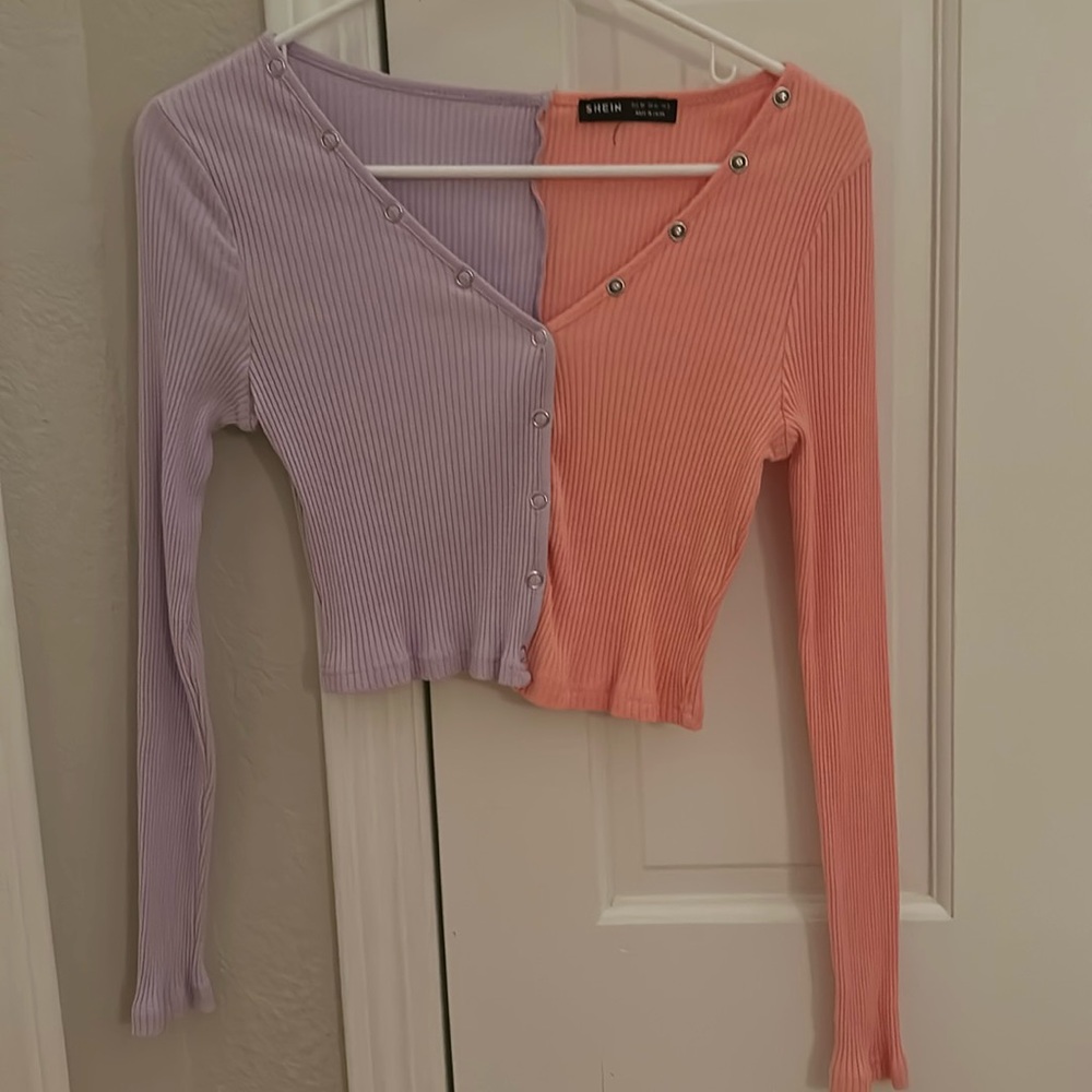 SHEIN Womens Multicoloured Colourblock Cotton Cropped T-Shirt Size S V-Neck